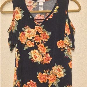 Open shoulder floral t shirt (navy blue, yellow)